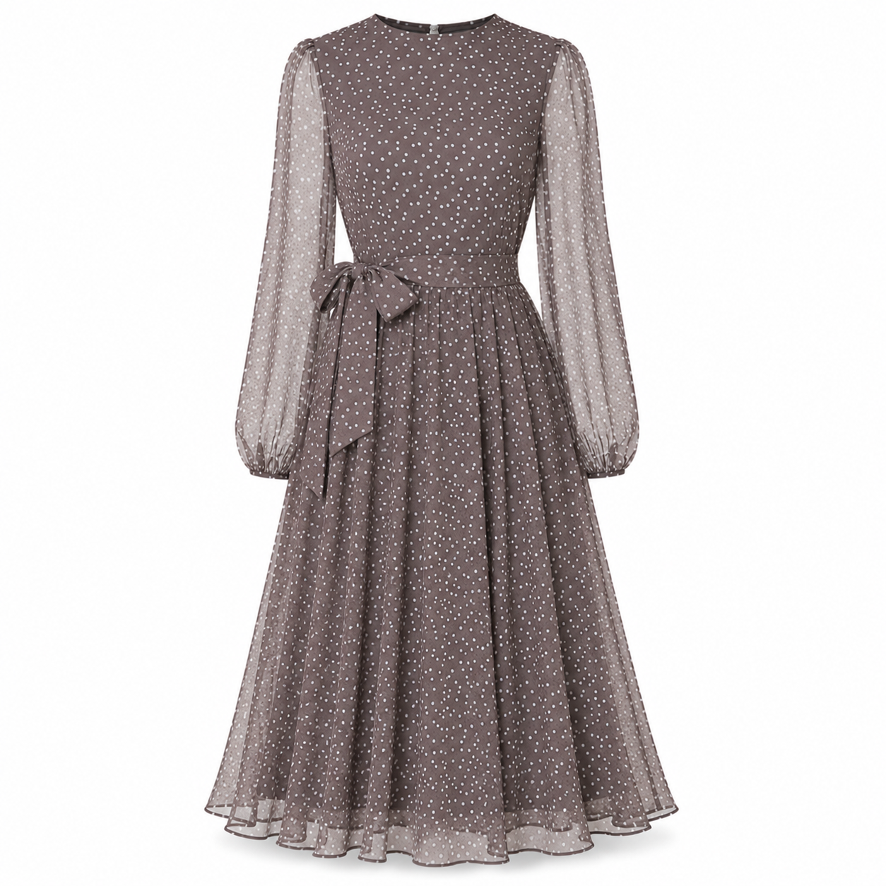 Summer Linen Dress | Loose Fit, Coffee Polka Dot | A-Line Midi