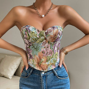 Corset Top | Strapless Bustier with Floral Print | Y2K Crop Top