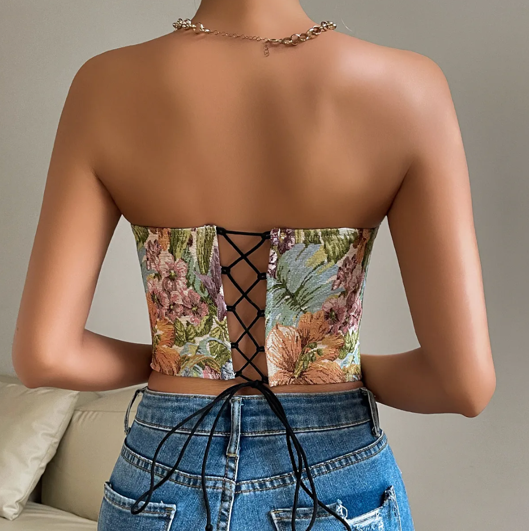 Corset Top | Strapless Bustier with Floral Print | Y2K Crop Top