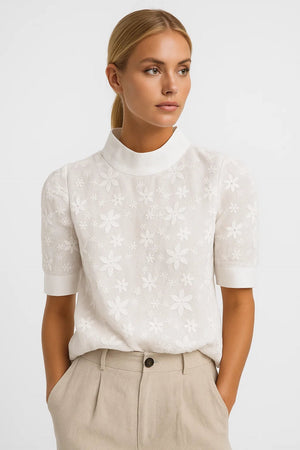 Women's Embroidered Top | Floral Short Sleeve | White