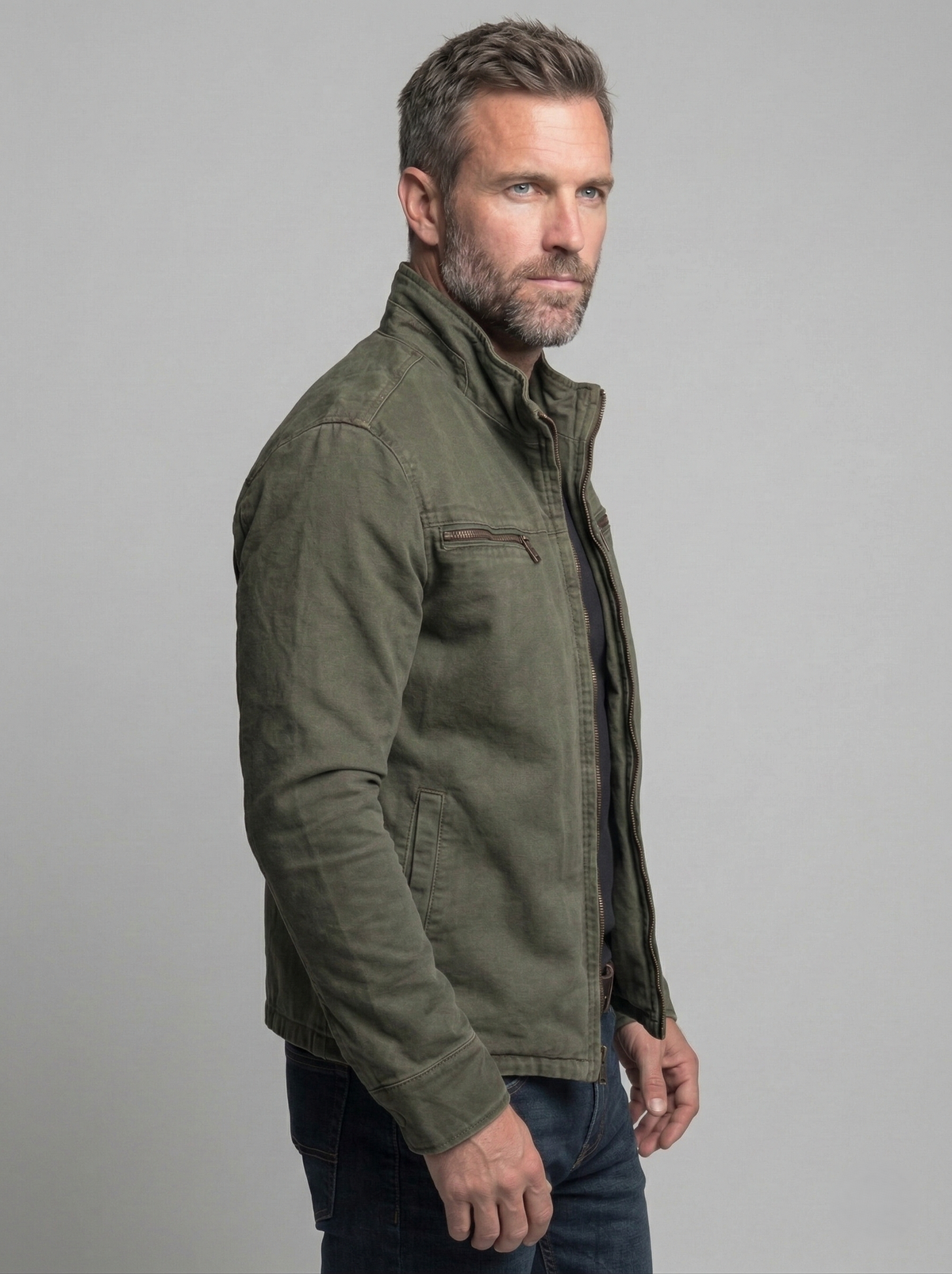 Men field jacket relaxed fit olive heritage styling with functional pockets