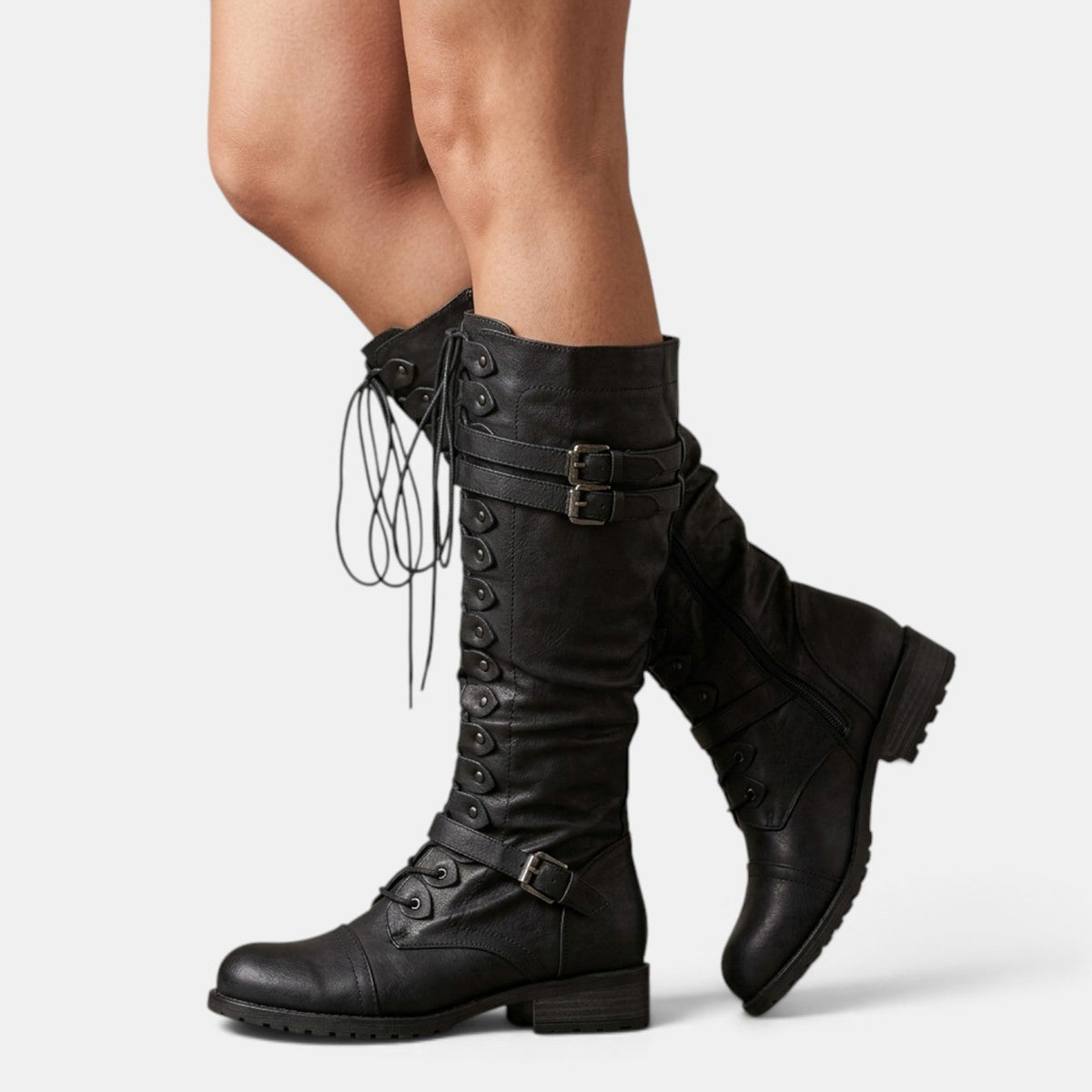 Women combat boots with buckle detail and lace-up closure