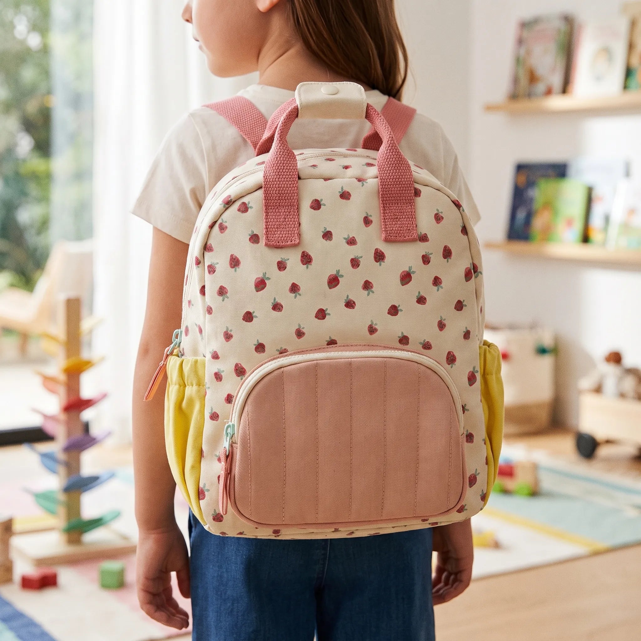 School Backpack | Kids, Strawberry Pattern, Colour-Block Design