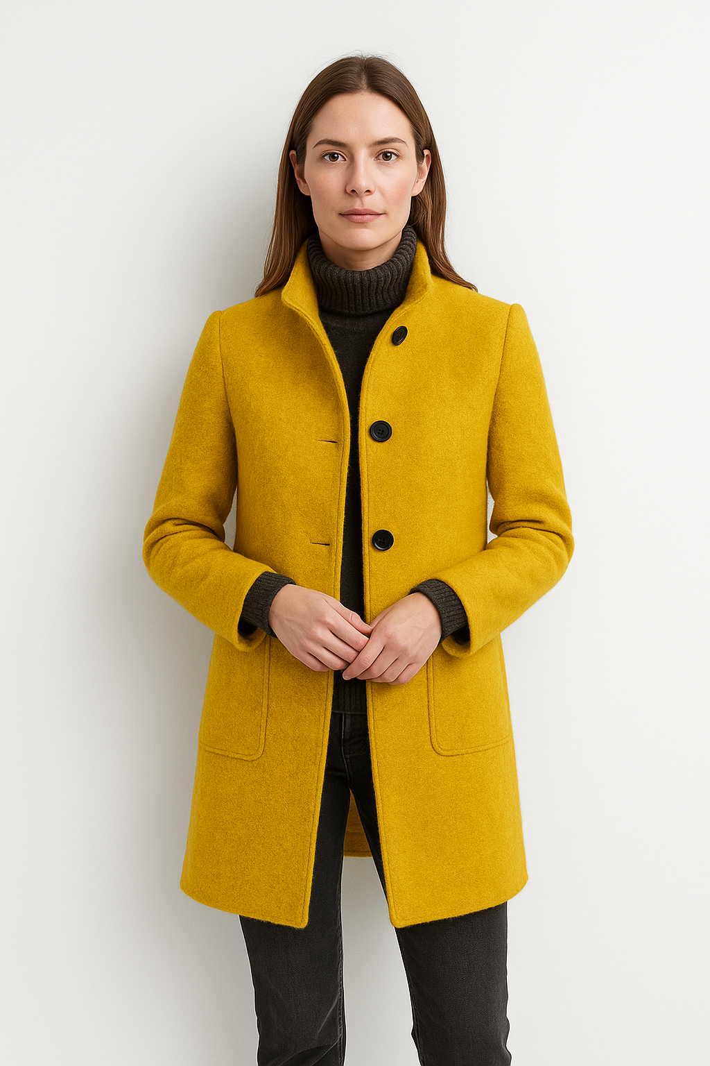 Women quilted winter coat button front stand collar long tailored fit