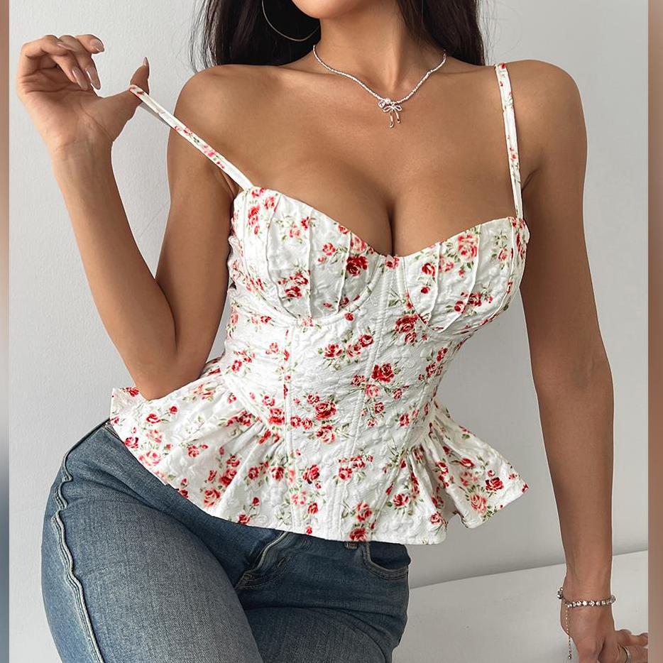 Corset Top | Floral Print, Ruched, Fitted