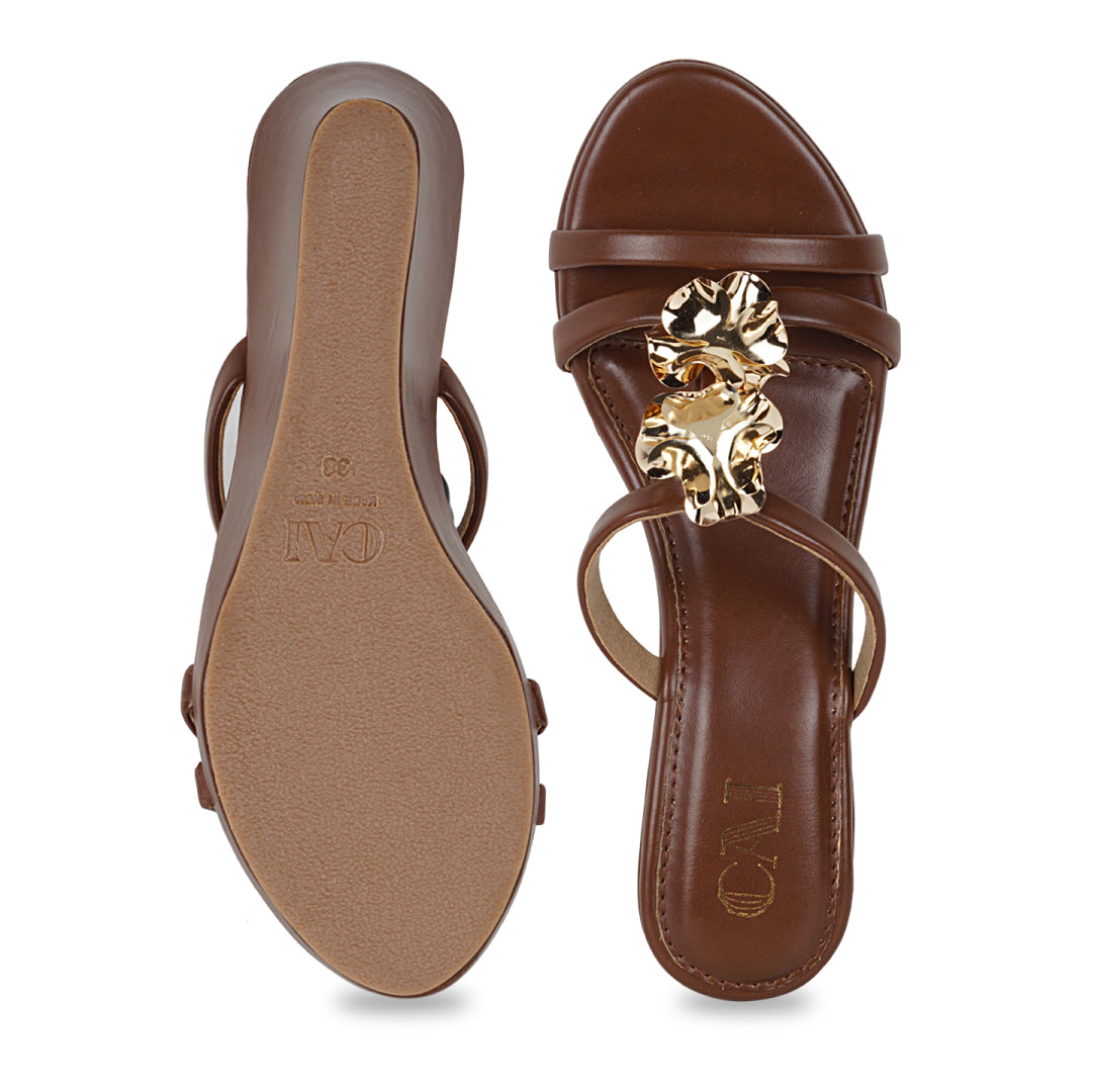 Women’s Tan Wedge Sandals | Gold Floral Strap | Comfortable Summer Style