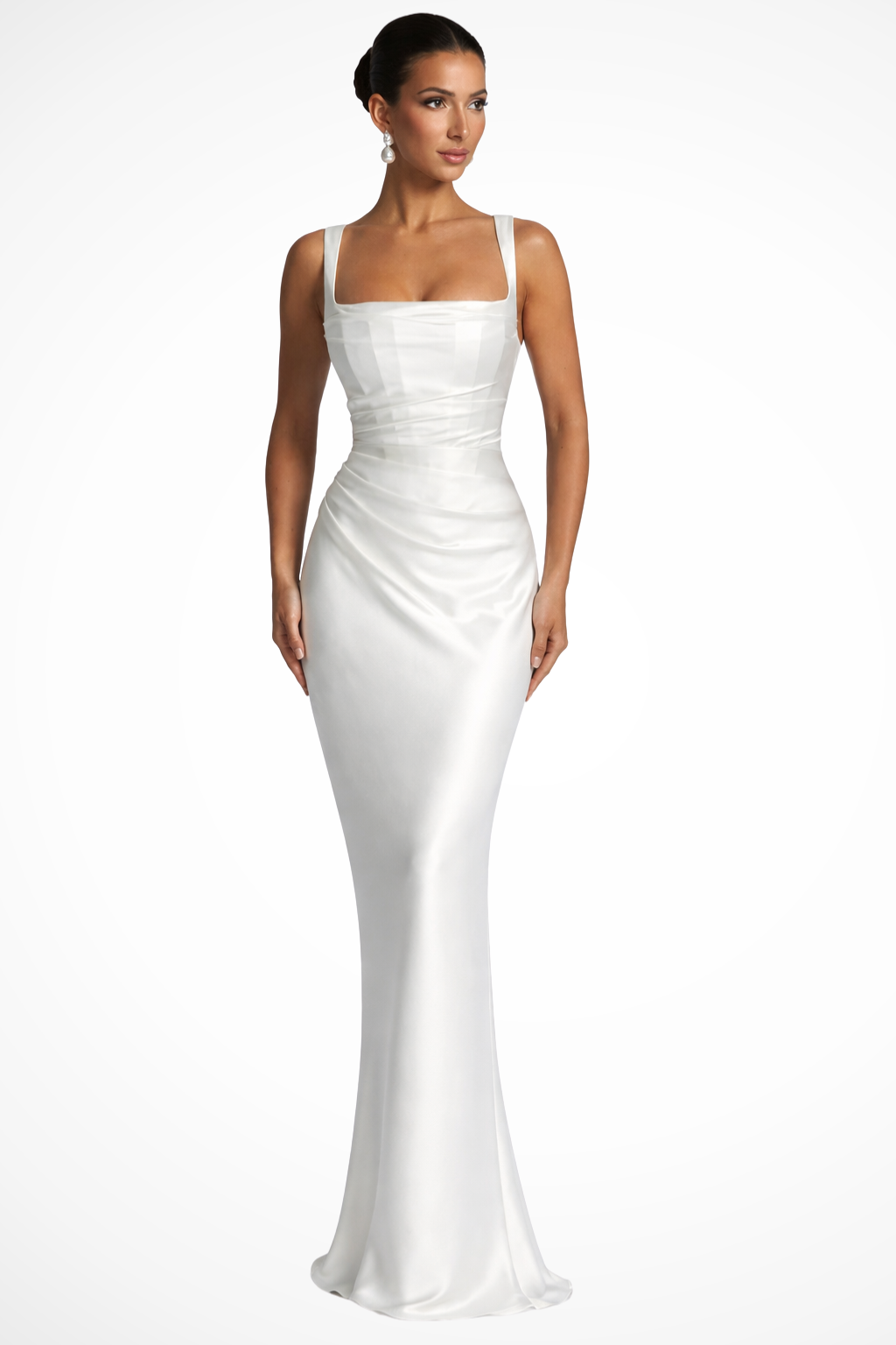Women satin maxi party dress square neck ruched bodice floor length