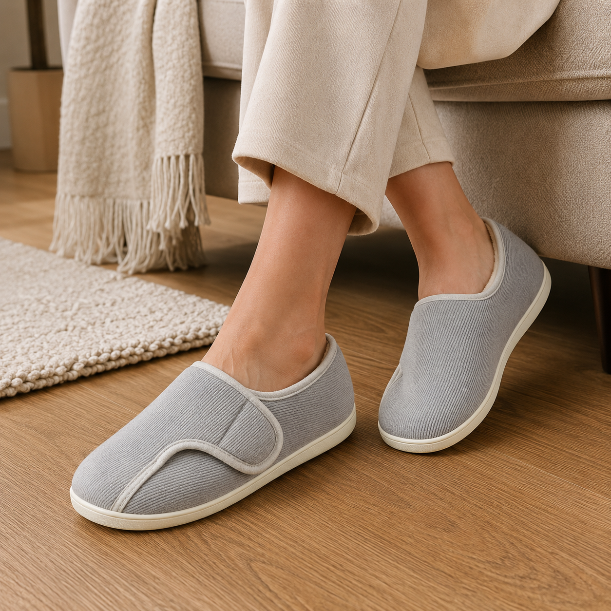 Memory Foam Slippers | Adjustable Velcro, All Season | Large Sizes