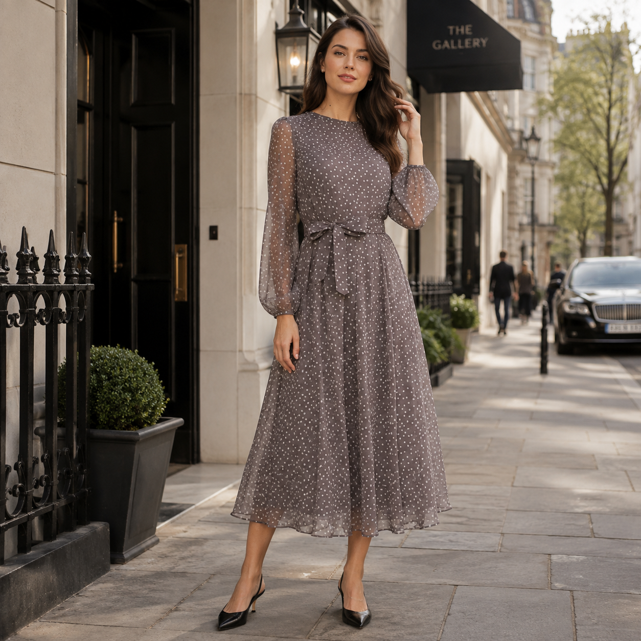 Summer Linen Dress | Loose Fit, Coffee Polka Dot | A-Line Midi