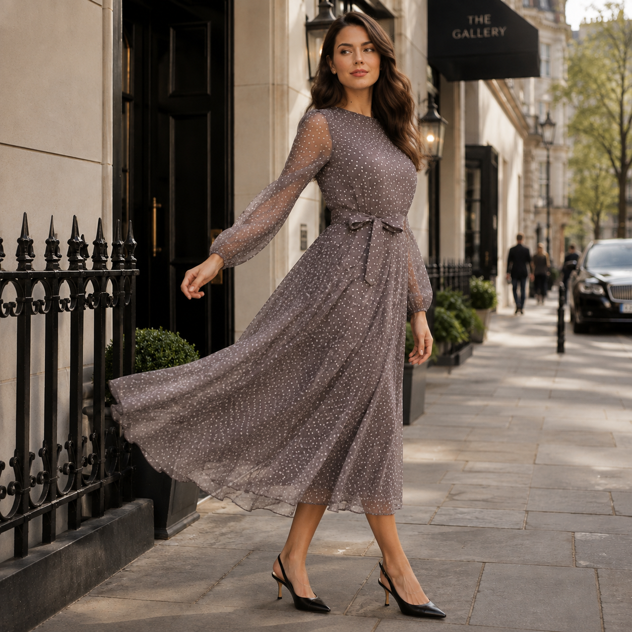 Summer Linen Dress | Loose Fit, Coffee Polka Dot | A-Line Midi