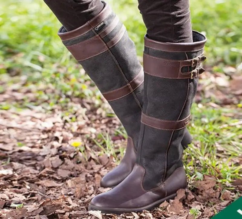 Women waterproof leather knee high rain boots with buckle detail pull on