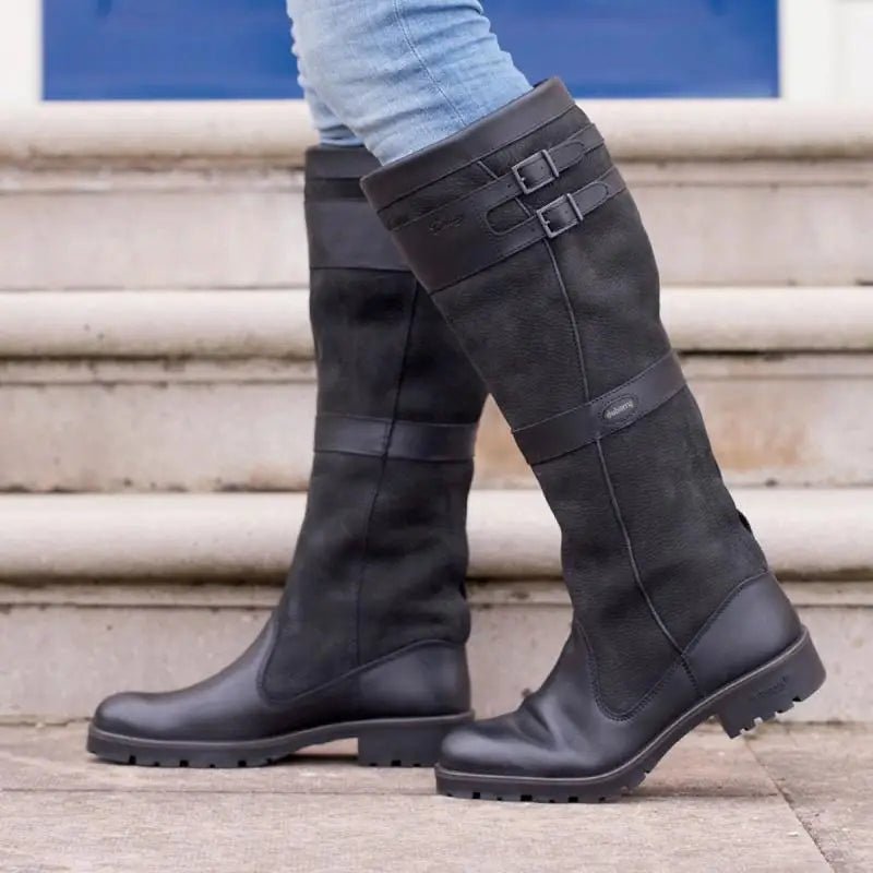 Women waterproof leather knee high rain boots with buckle detail pull on