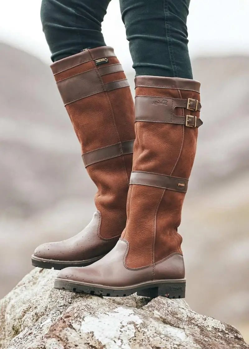 Women waterproof leather knee high rain boots with buckle detail pull on