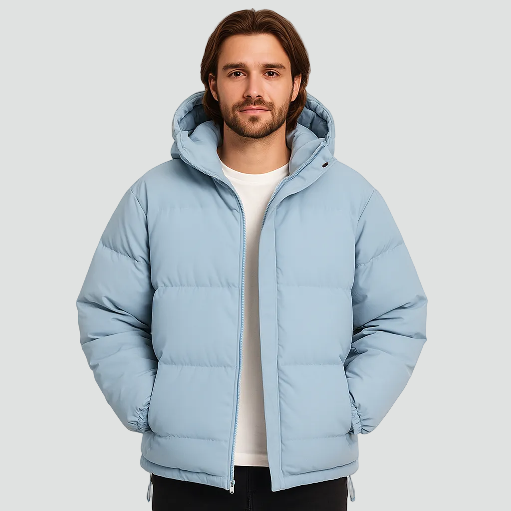 Men puffer winter jacket with hood and full zip closure