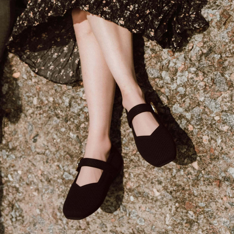 Women's Mary Jane Flats | Square Toe, Knit Upper | Breathable