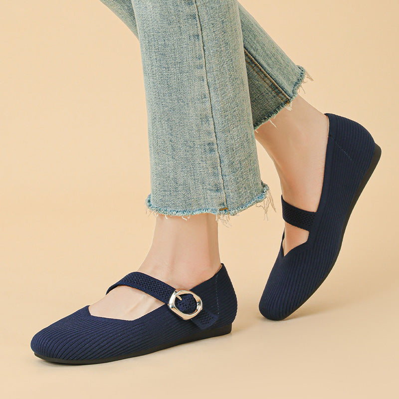 Women's Mary Jane Flats | Square Toe, Knit Upper | Breathable