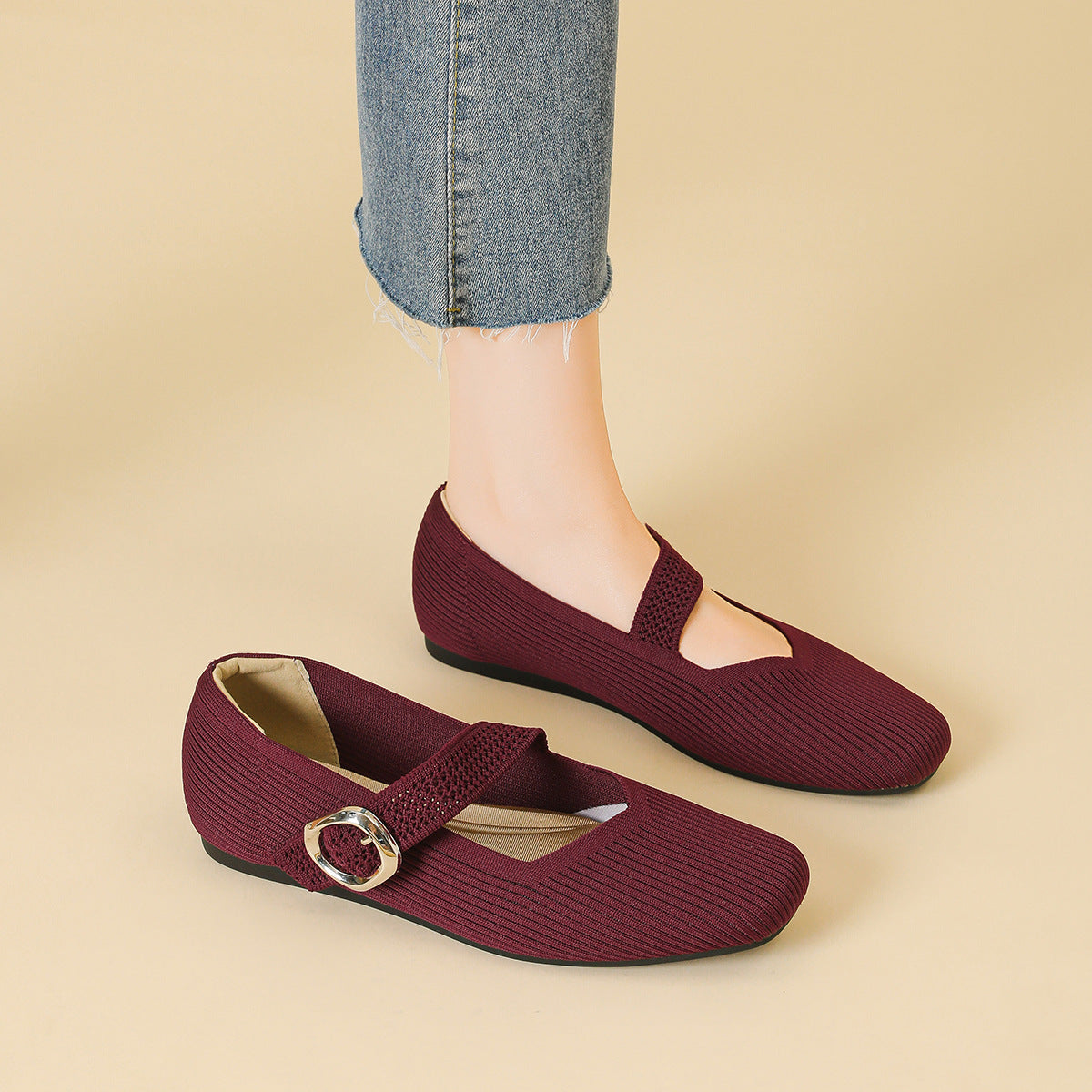 Women's Mary Jane Flats | Square Toe, Knit Upper | Breathable