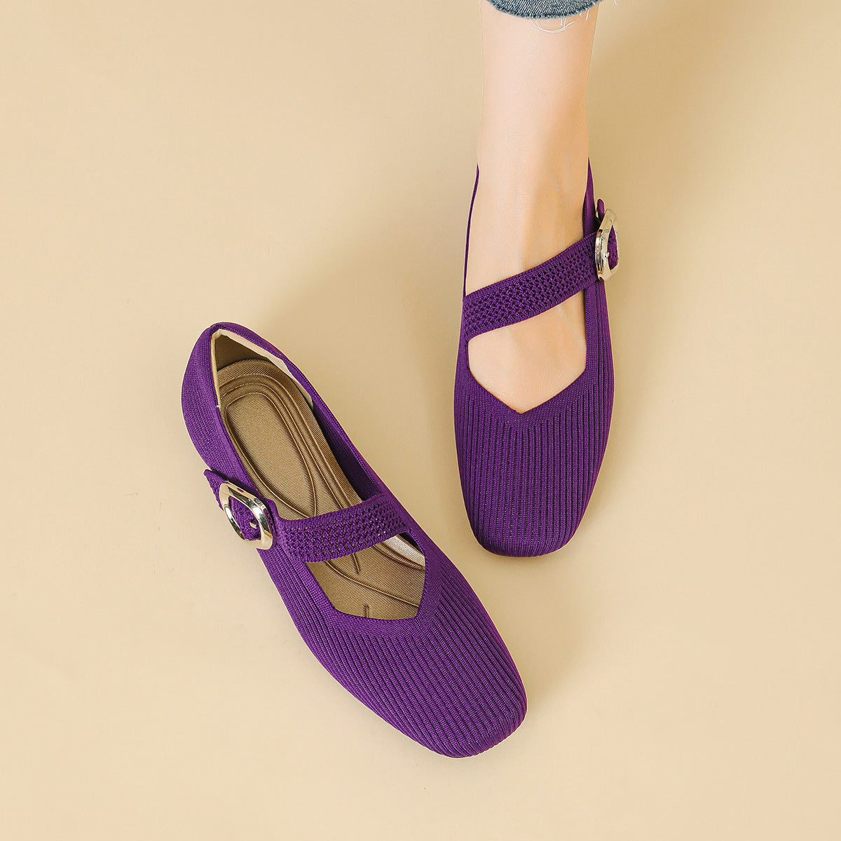 Women's Mary Jane Flats | Square Toe, Knit Upper | Breathable