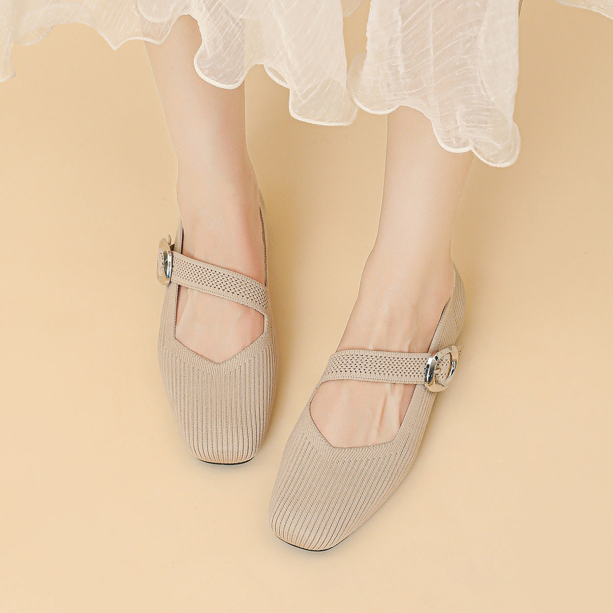Women's Mary Jane Flats | Square Toe, Knit Upper | Breathable