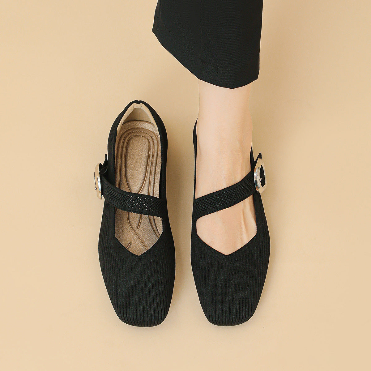 Women's Mary Jane Flats | Square Toe, Knit Upper | Breathable