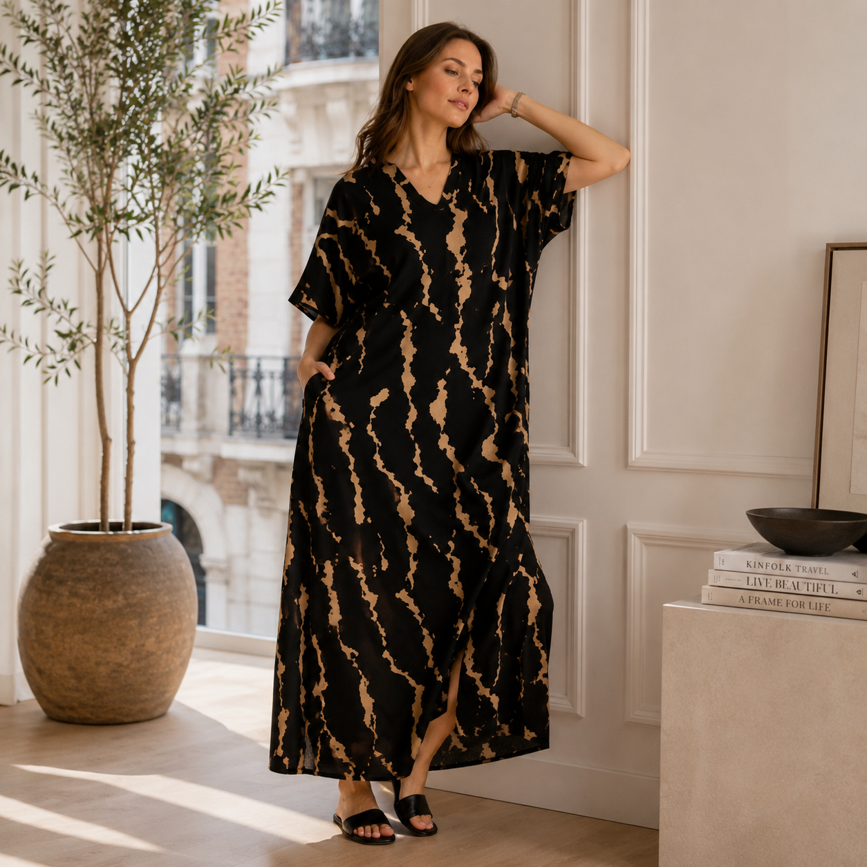 Cotton Maxi Dress with Pockets | Vintage Print, V-Neck | Khaki