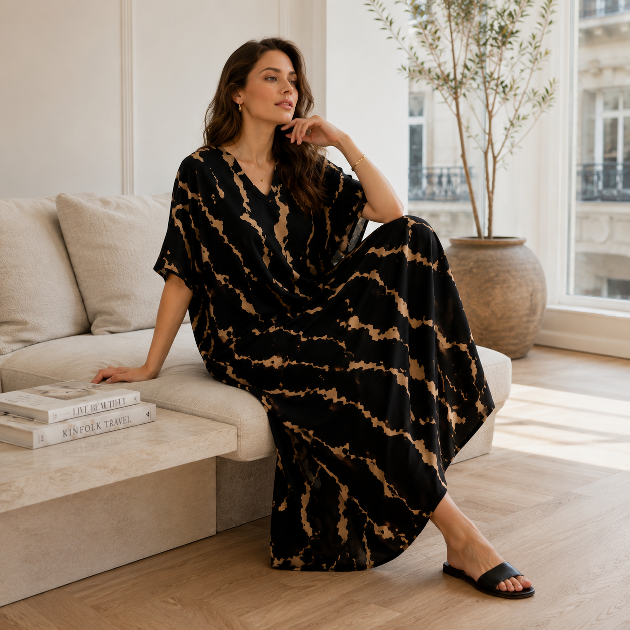 Cotton Maxi Dress with Pockets | Vintage Print, V-Neck | Khaki