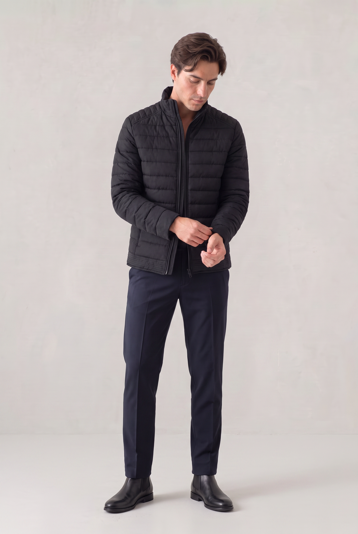 Mens puffer jacket stand collar with lightweight quilted design and front zip