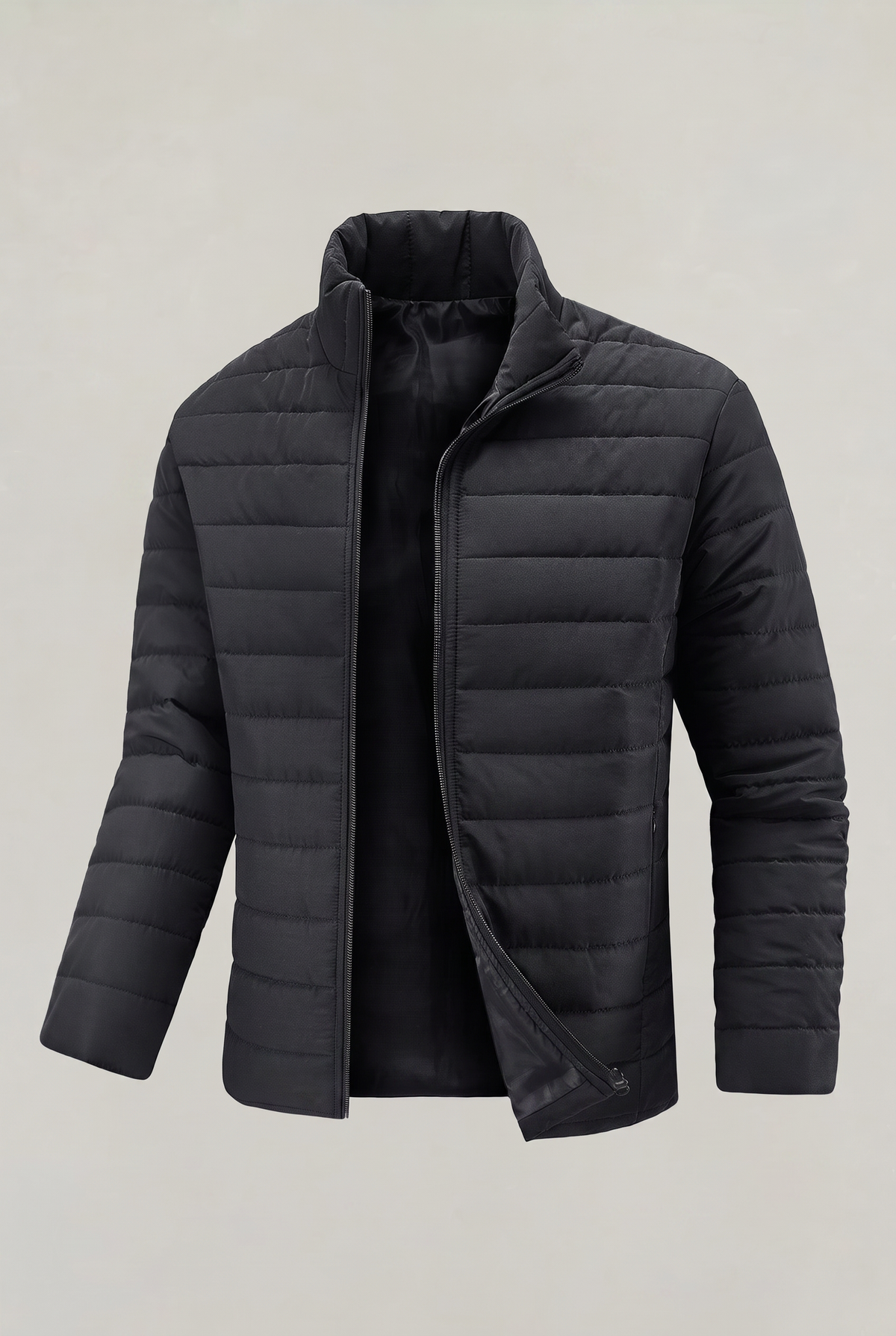 Mens puffer jacket stand collar with lightweight quilted design and front zip