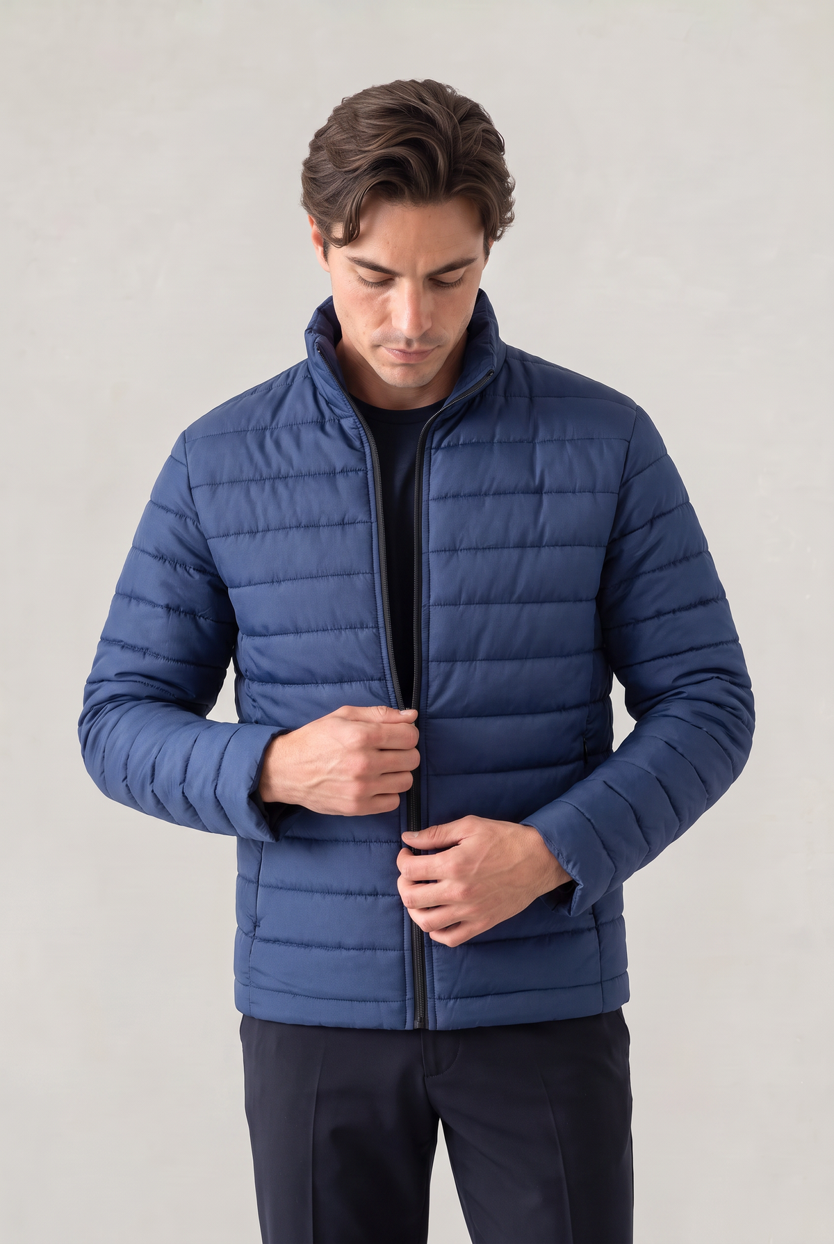 Mens puffer jacket stand collar with lightweight quilted design and front zip