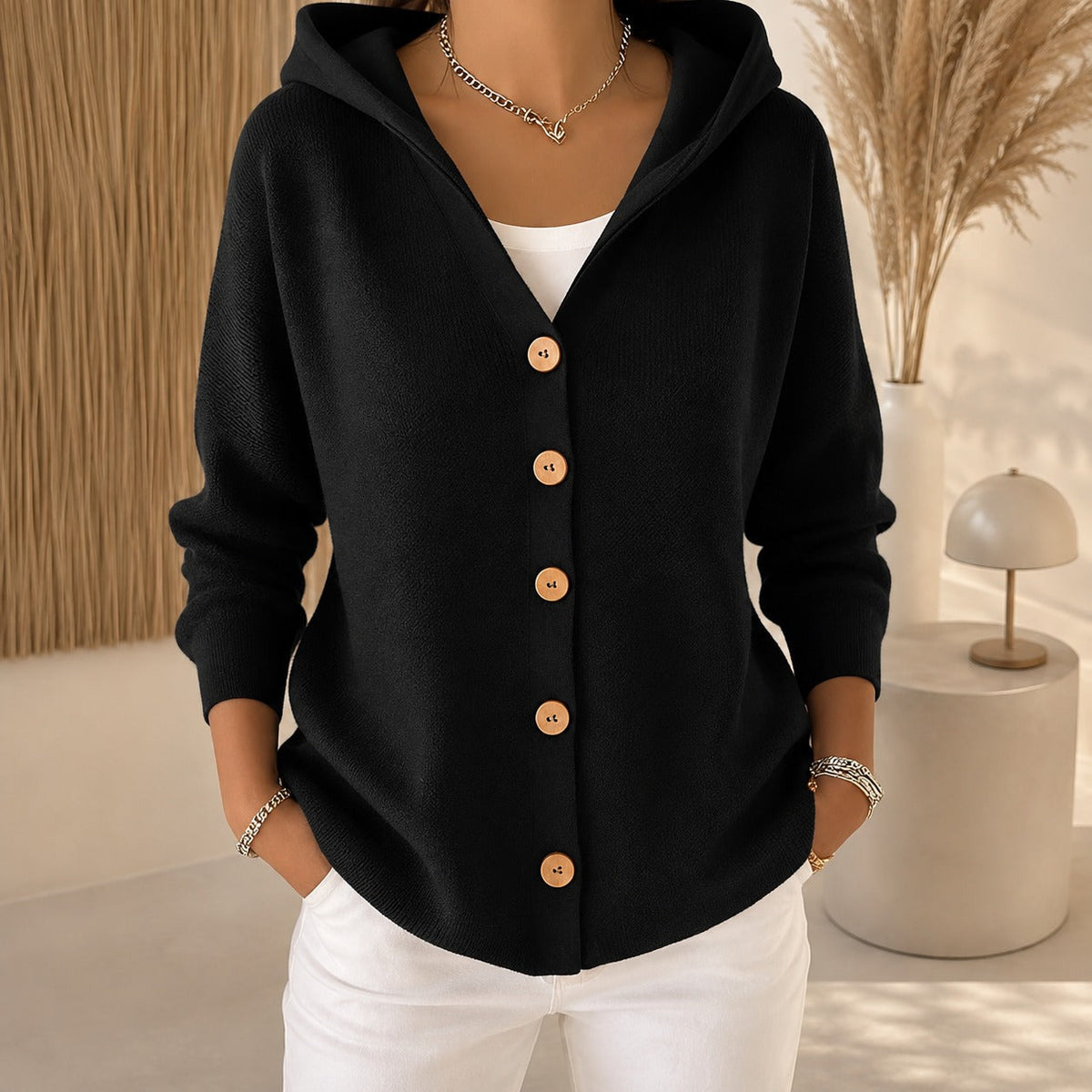 Women hooded cardigan relaxed fit long sleeve casual layering