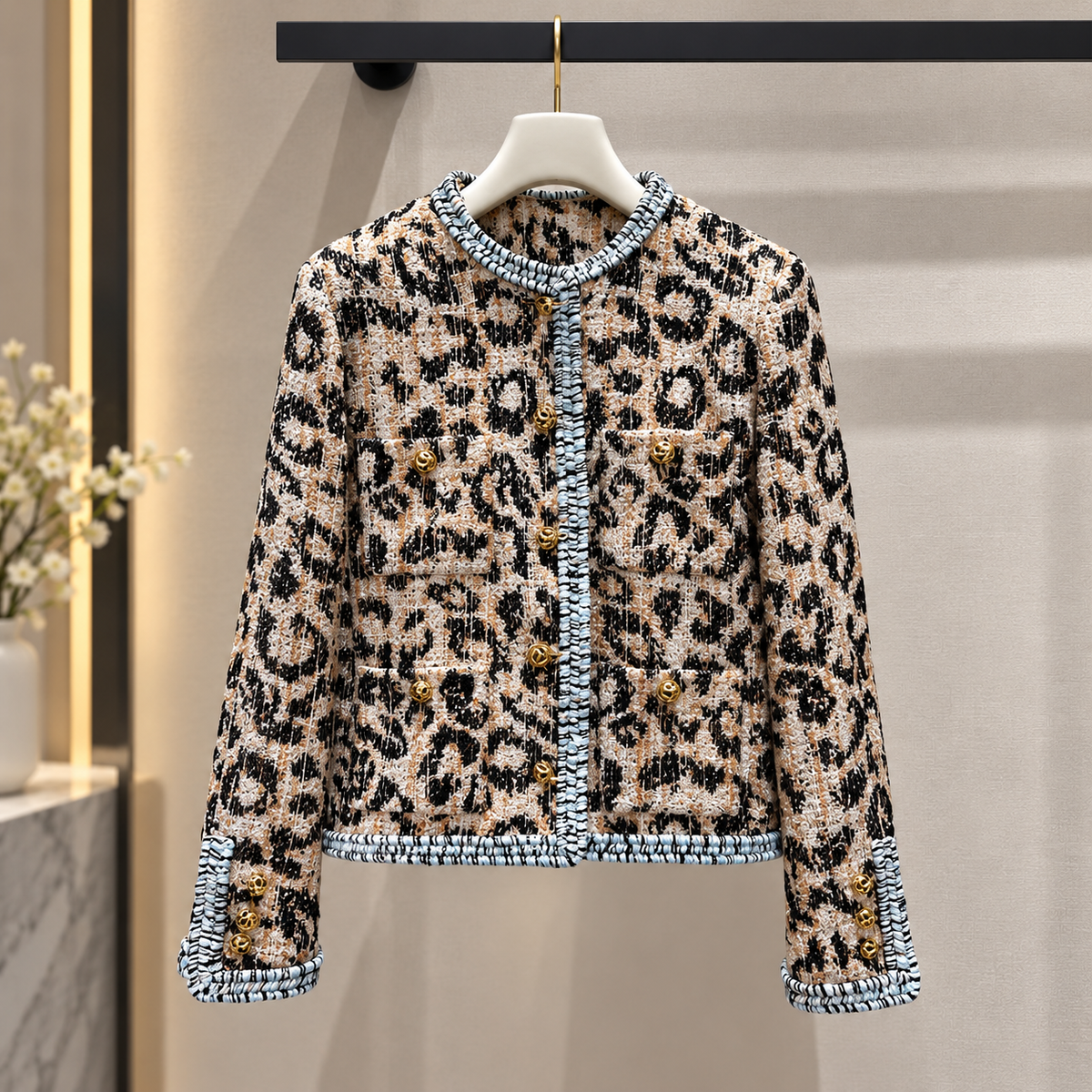 Women’s Leopard Print Jacket | Round Neck | Decorative Buttons, Chic Style