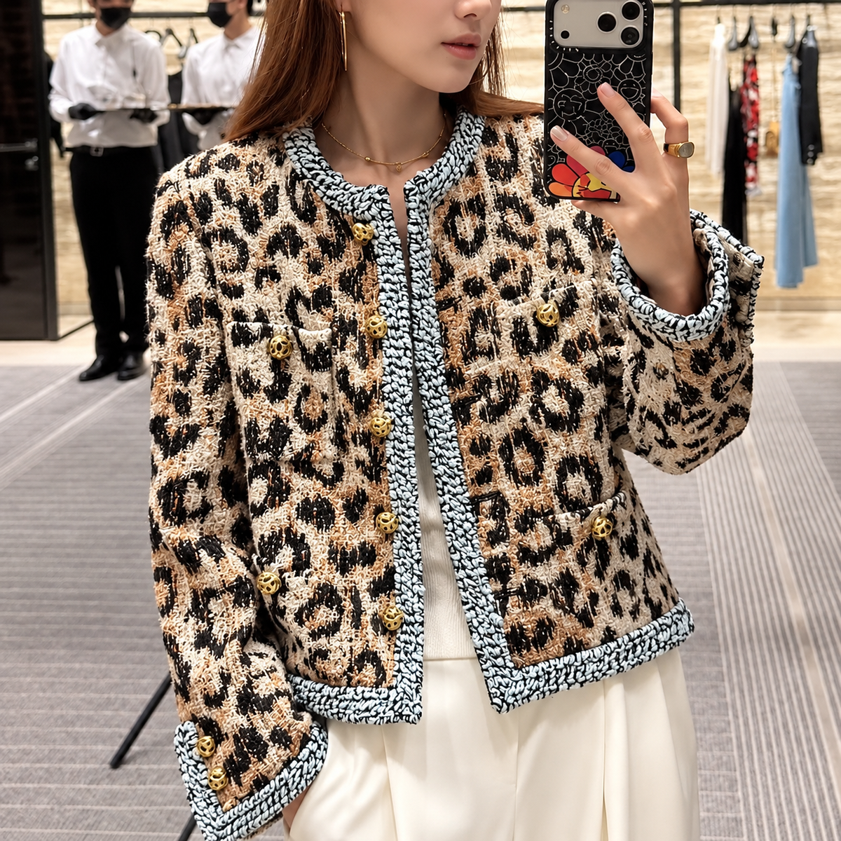 Women’s Leopard Print Jacket | Round Neck | Decorative Buttons, Chic Style