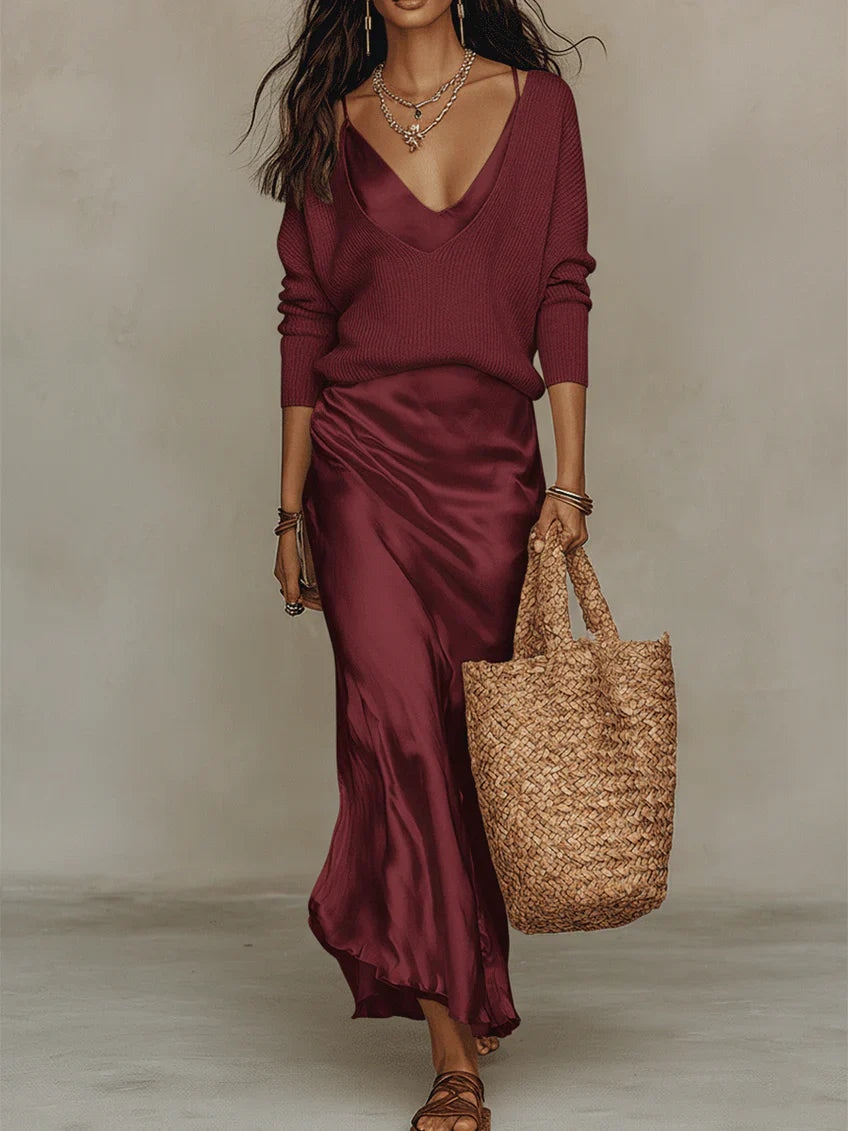 Women 2 Piece Satin Midi Dress Set with Sweater