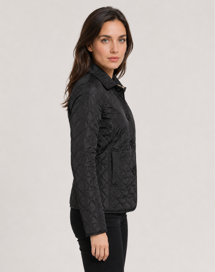 Women quilted transition jacket with button fastening and elegant collar