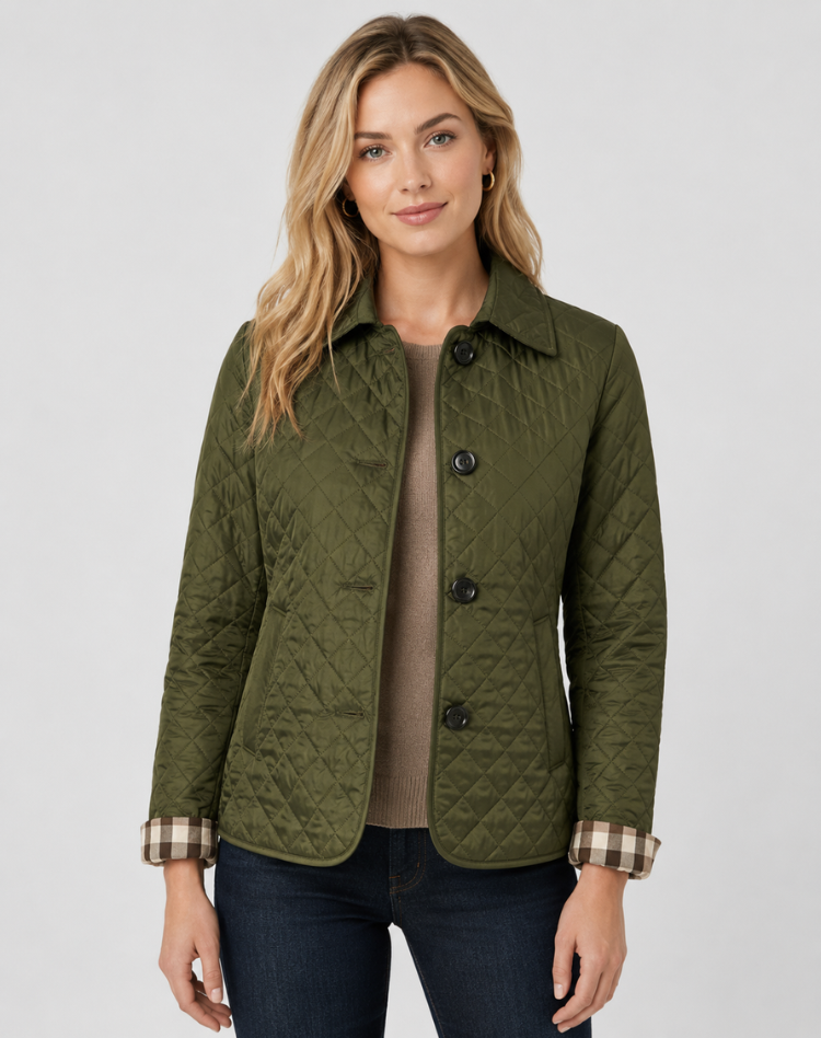 Women quilted transition jacket with button fastening and elegant collar