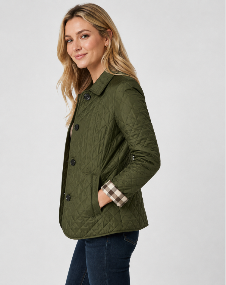 Women quilted transition jacket with button fastening and elegant collar