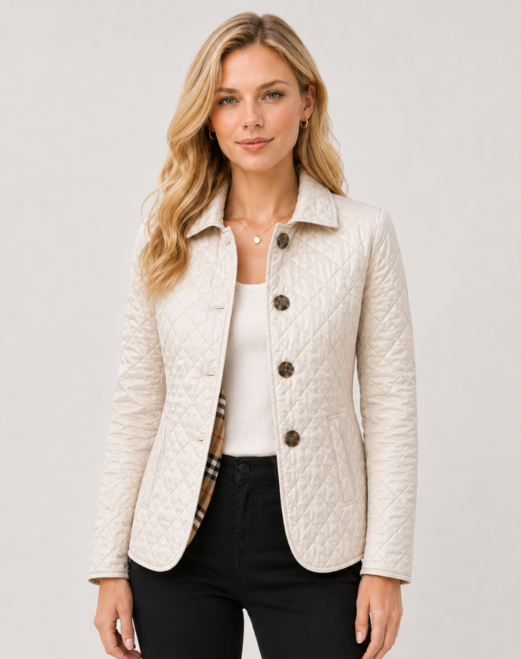 Women quilted transition jacket with button fastening and elegant collar