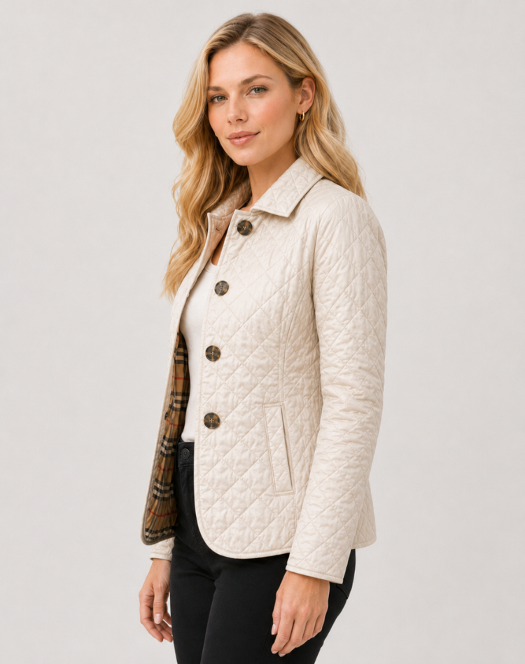 Women quilted transition jacket with button fastening and elegant collar