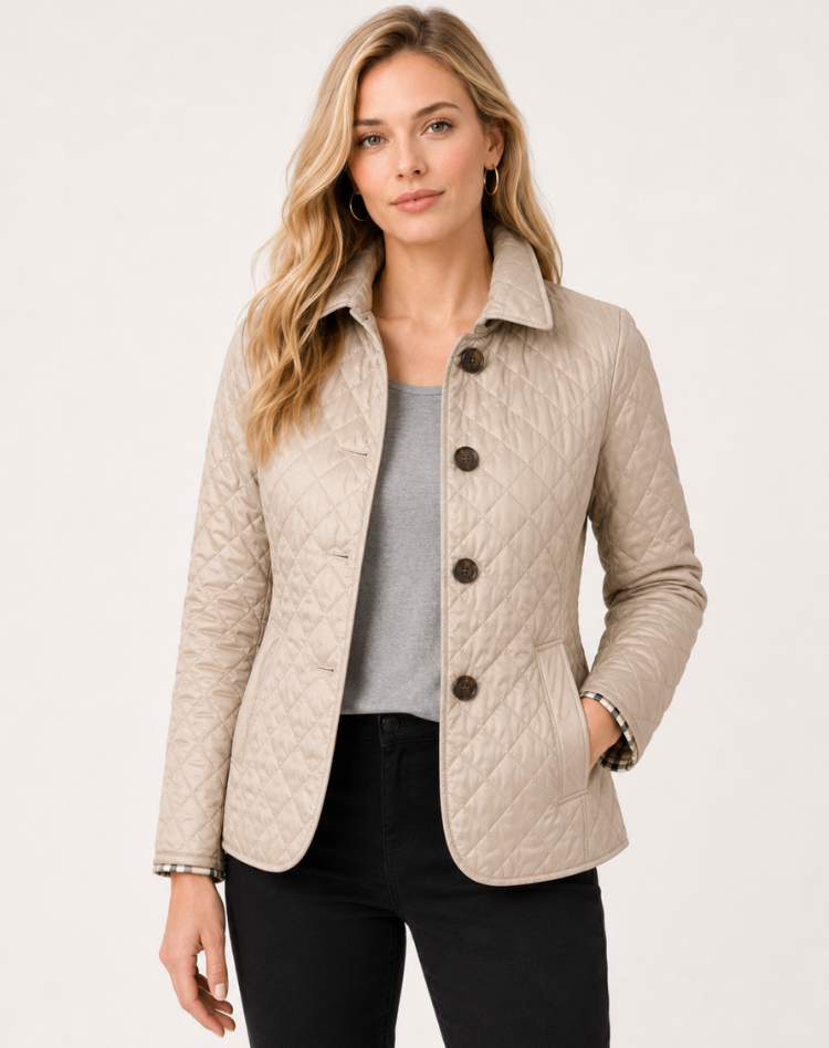 Women quilted transition jacket with button fastening and elegant collar