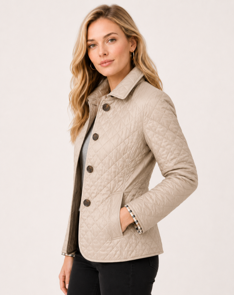 Women quilted transition jacket with button fastening and elegant collar