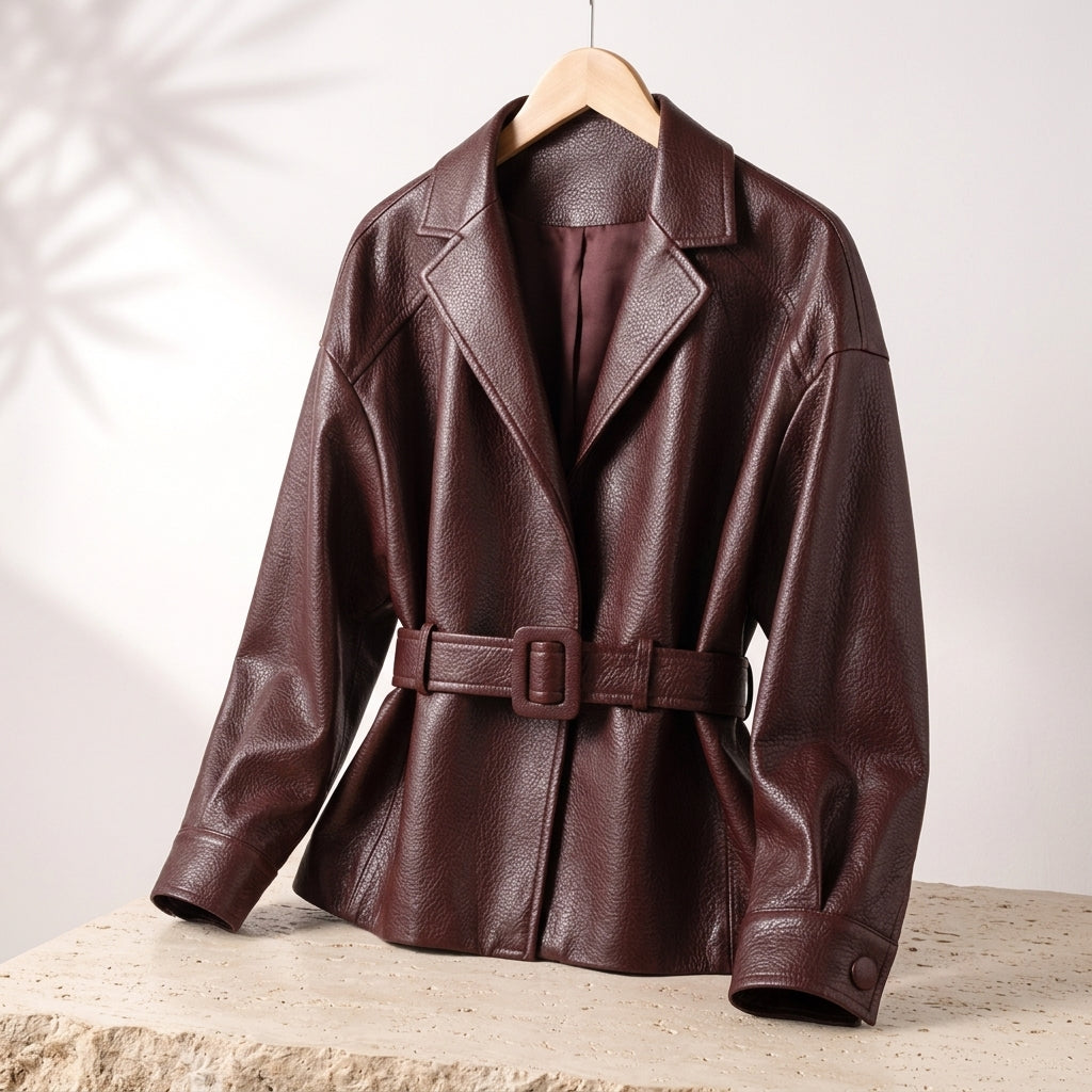 Women fitted faux leather jacket with shearling collar in brown and black