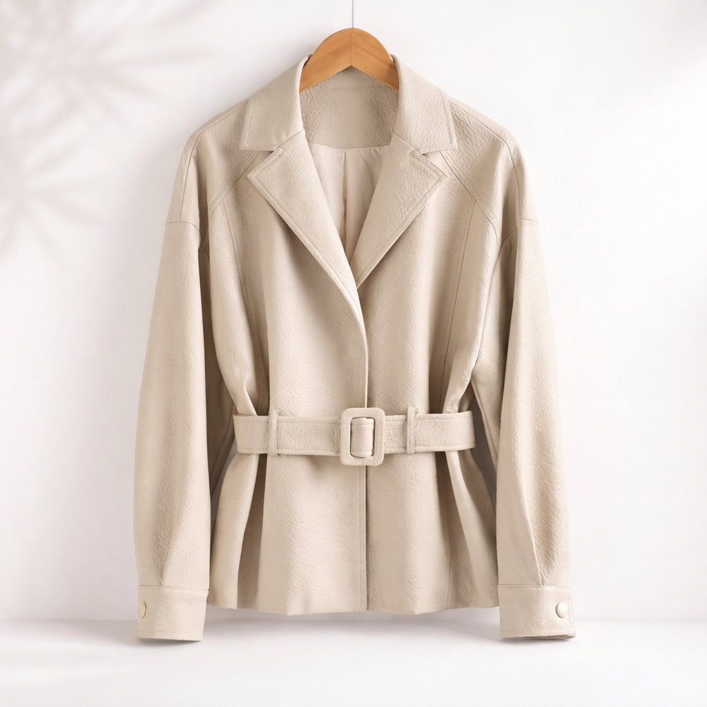 Women fitted faux leather jacket with shearling collar in brown and black