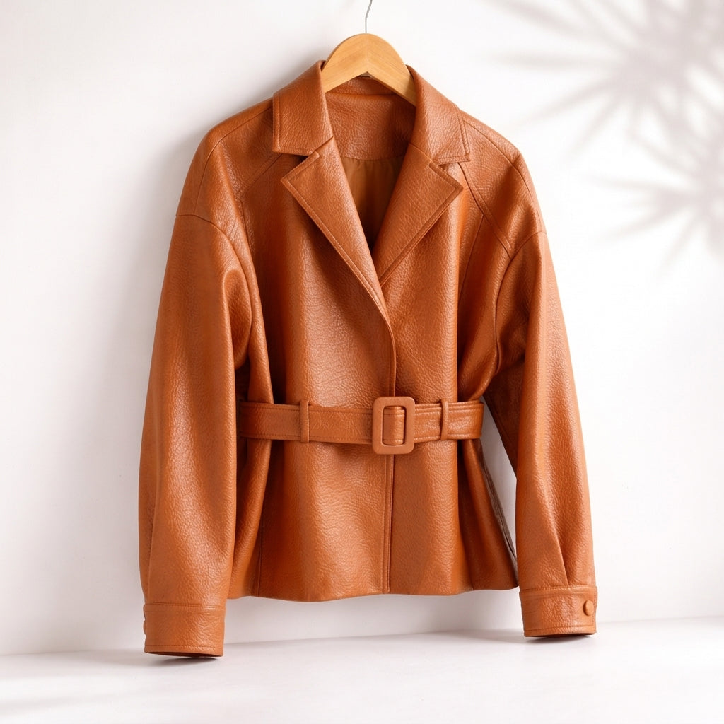 Women fitted faux leather jacket with shearling collar in brown and black