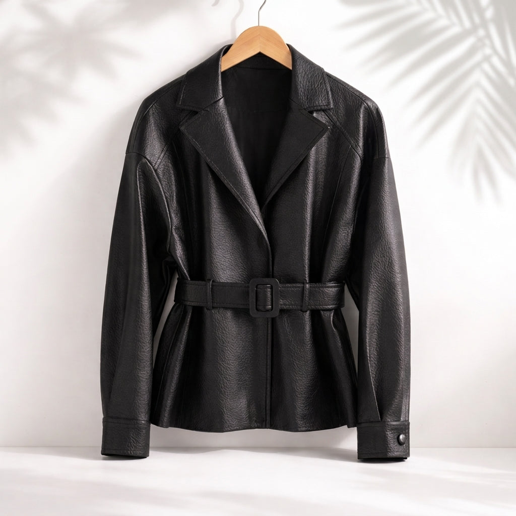 Women fitted faux leather jacket with shearling collar in brown and black