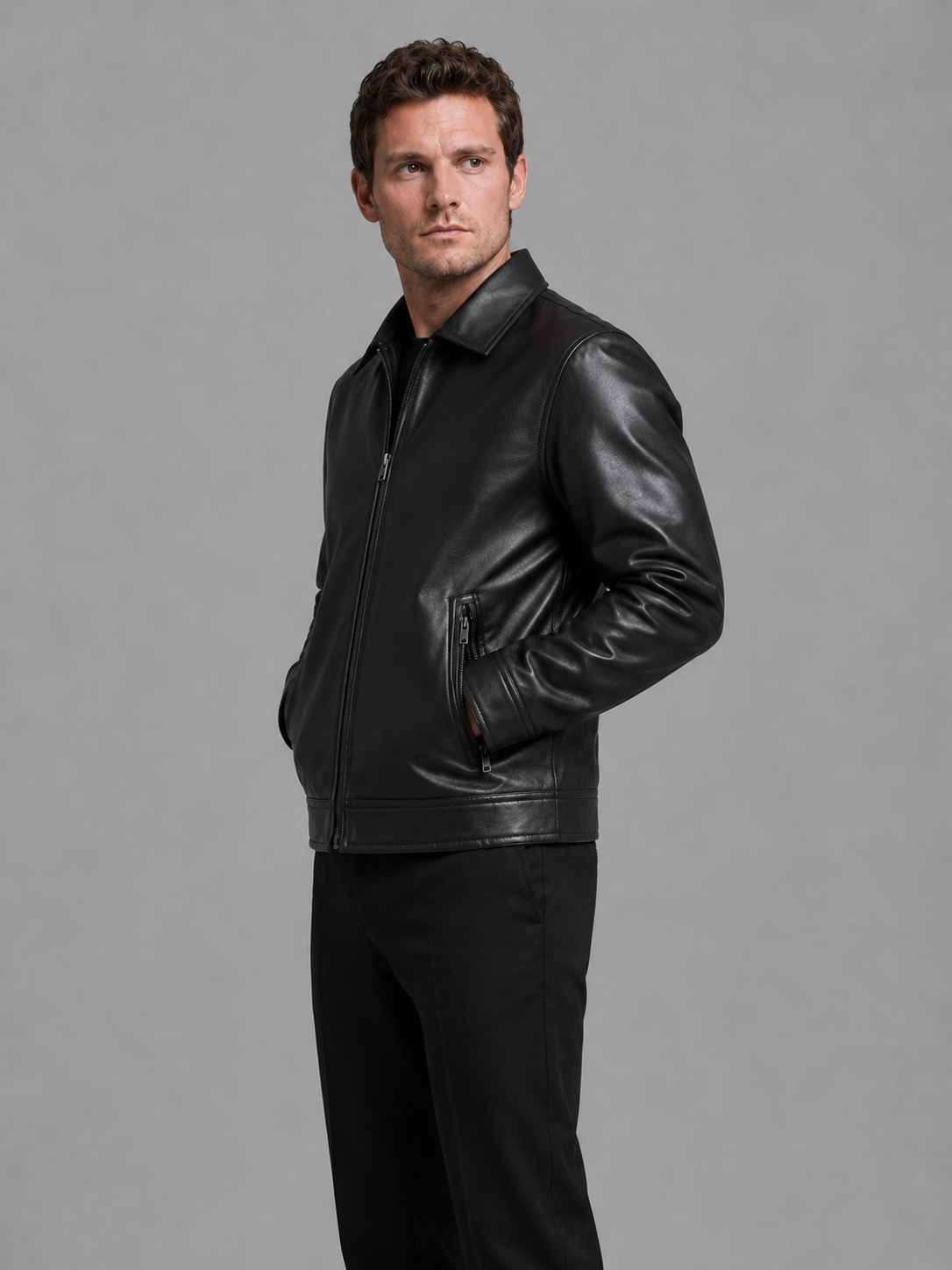 Men faux leather jacket slim fit black with classic collar and full-length zip