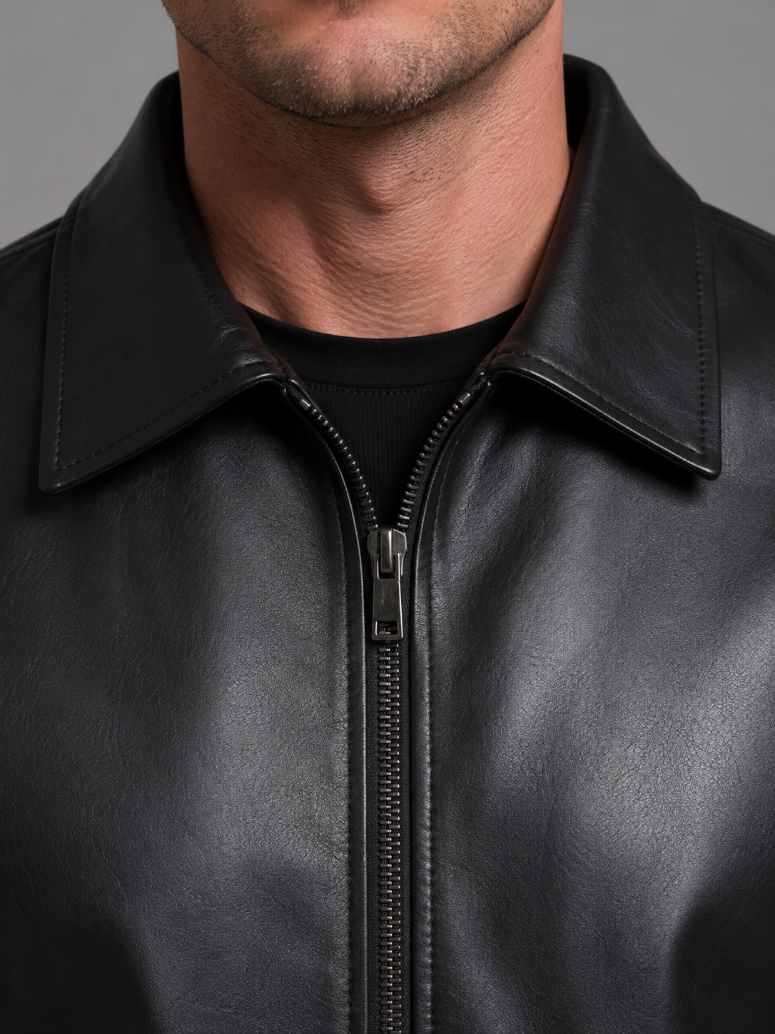 Men faux leather jacket slim fit black with classic collar and full-length zip