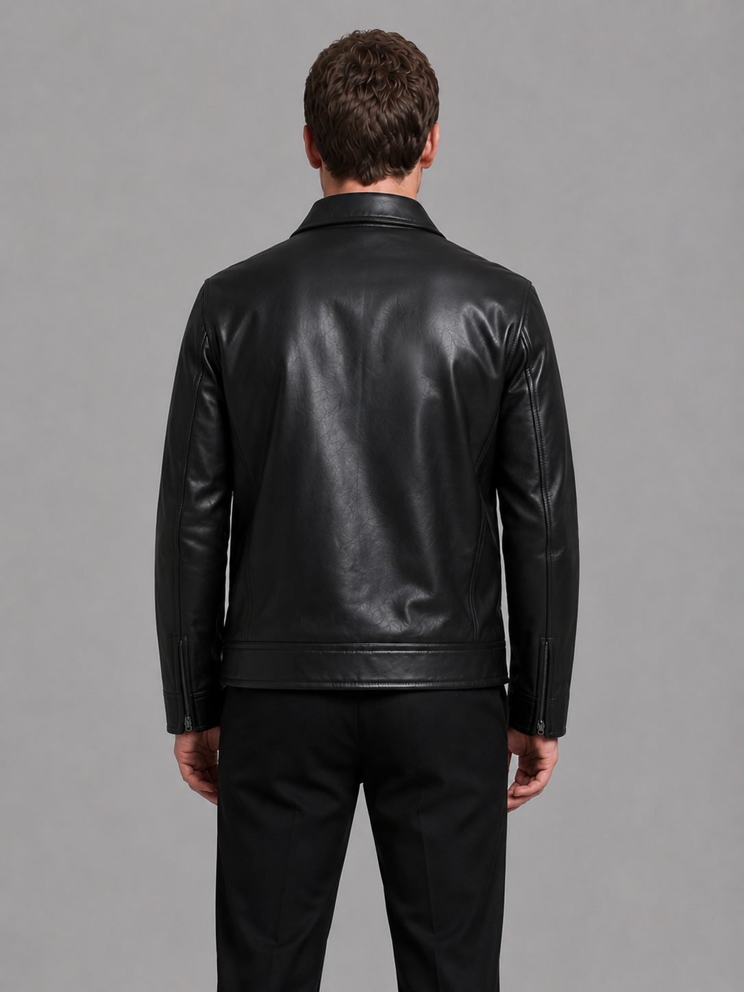 Men faux leather jacket slim fit black with classic collar and full-length zip
