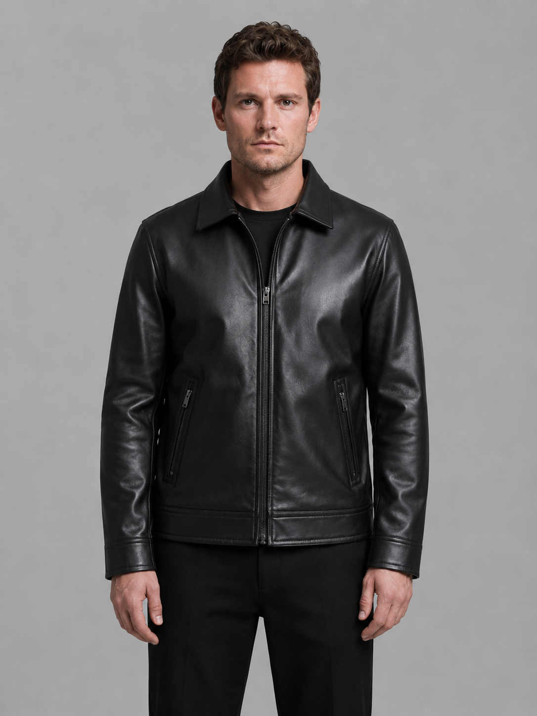 Men faux leather jacket slim fit black with classic collar and full-length zip