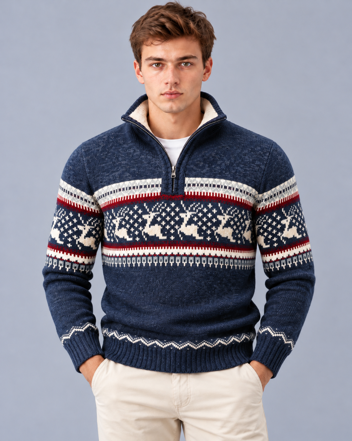 Mens Christmas jumper quarter zip with Fair Isle reindeer pattern, relaxed fit