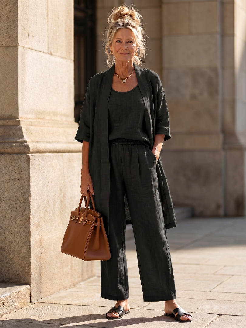 Women's Linen Set | Wide Leg, Longline Cardigan | Three Piece
